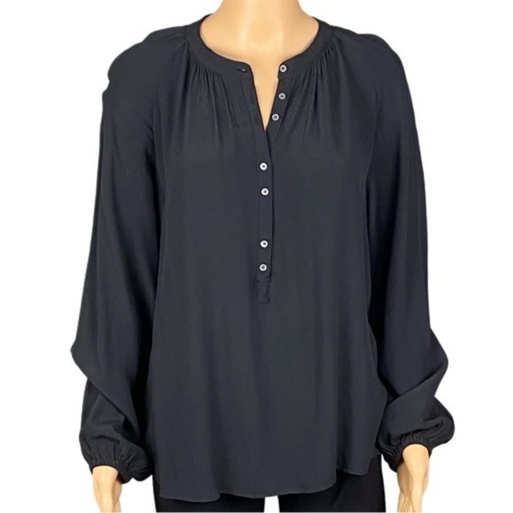 J. CREW black, shirred neckline, collarless, 1/2 buttoned blouse. Medium. EUC